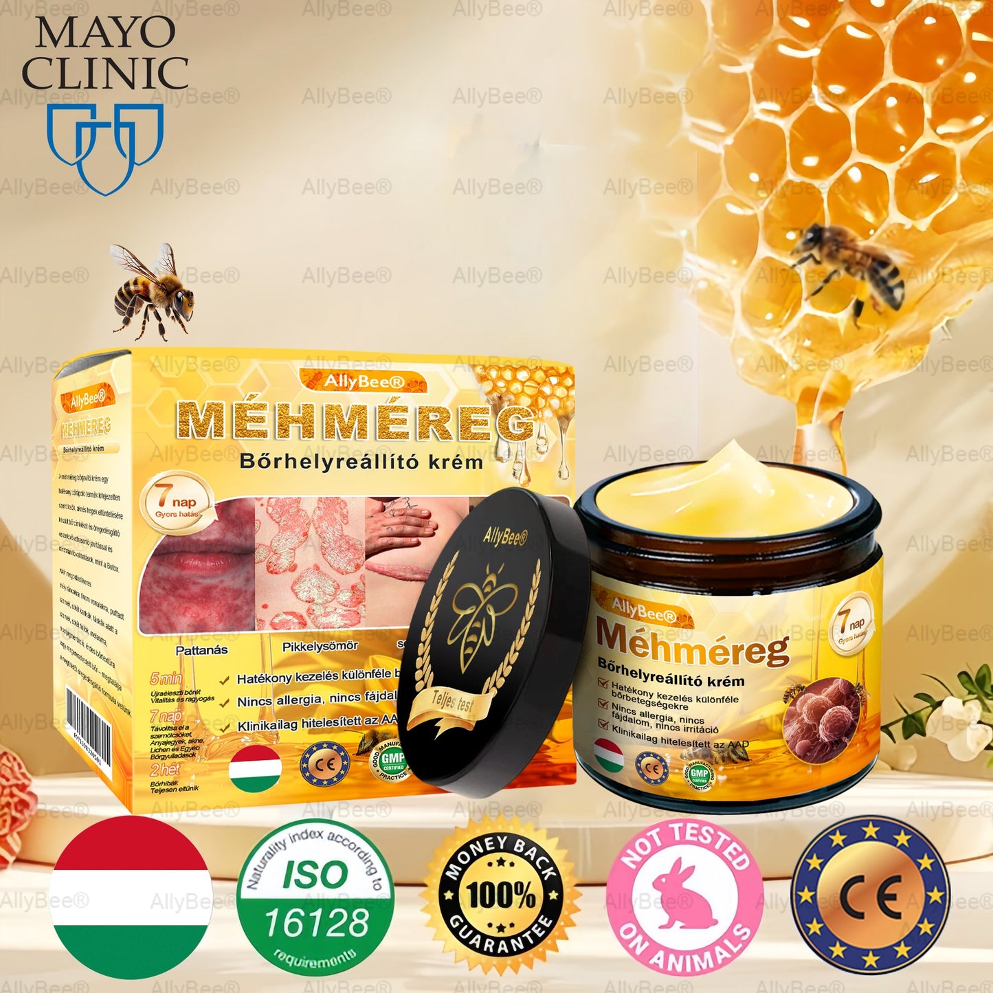 Mayo tisztviselő: AllyBee® bőrkezelő krém öregedésgátló, hidratáló, bőrjavító, egyenletes tónus, pattanások és sötét foltok kezelése, szemölcs és anyajegy eltávolítása, pikkelysömör enyhítése