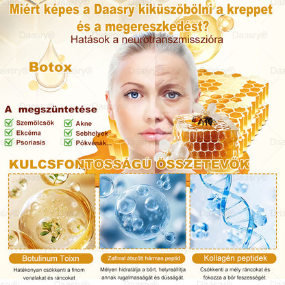 Daasry® Méhméreg Kezelő Krém, méhméreg peptidekkel, botulinum toxinnal, hialuronsavval és kollagénnel💧. Hatékonyan küzd a ráncok, finom vonalak, megereszkedés, terhességi csíkok és sötét foltok ellen — feszesítés, emelés és kiemelkedő eredmények!