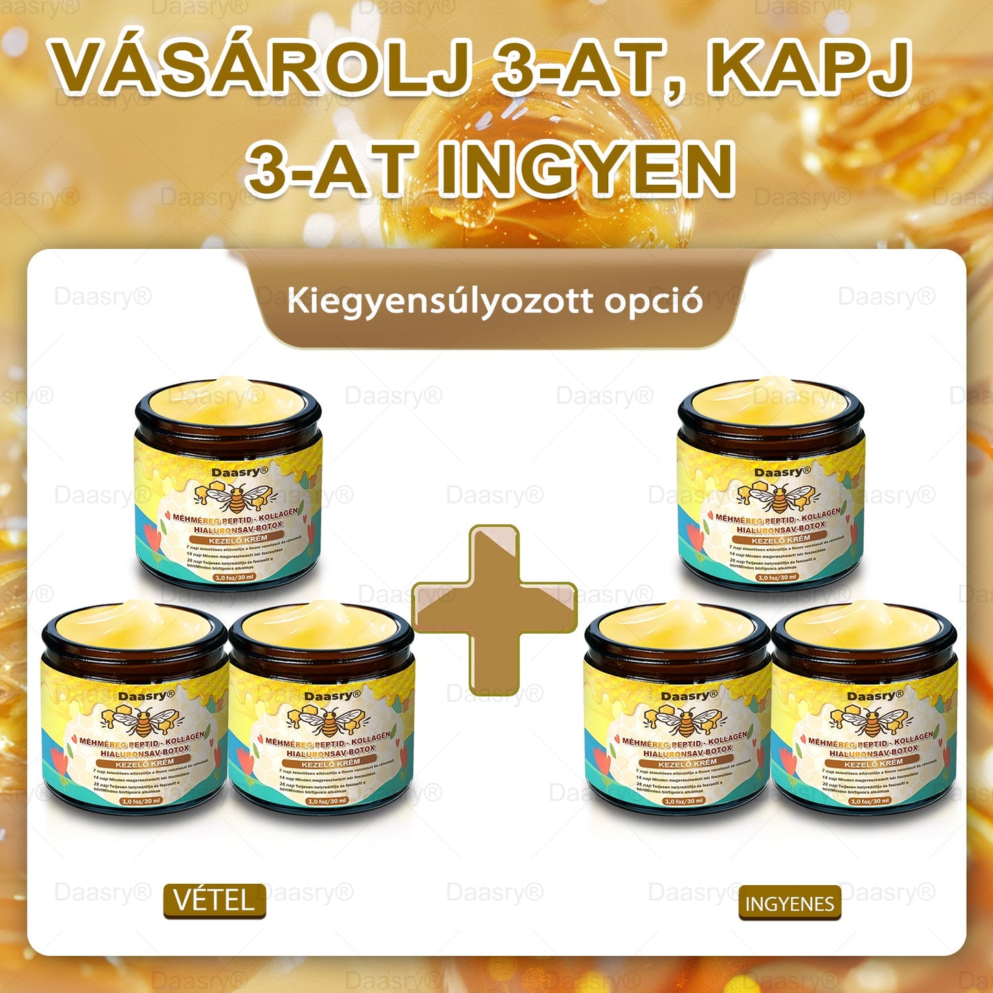 Daasry® Méhméreg Kezelő Krém, méhméreg peptidekkel, botulinum toxinnal, hialuronsavval és kollagénnel💧. Hatékonyan küzd a ráncok, finom vonalak, megereszkedés, terhességi csíkok és sötét foltok ellen — feszesítés, emelés és kiemelkedő eredmények!