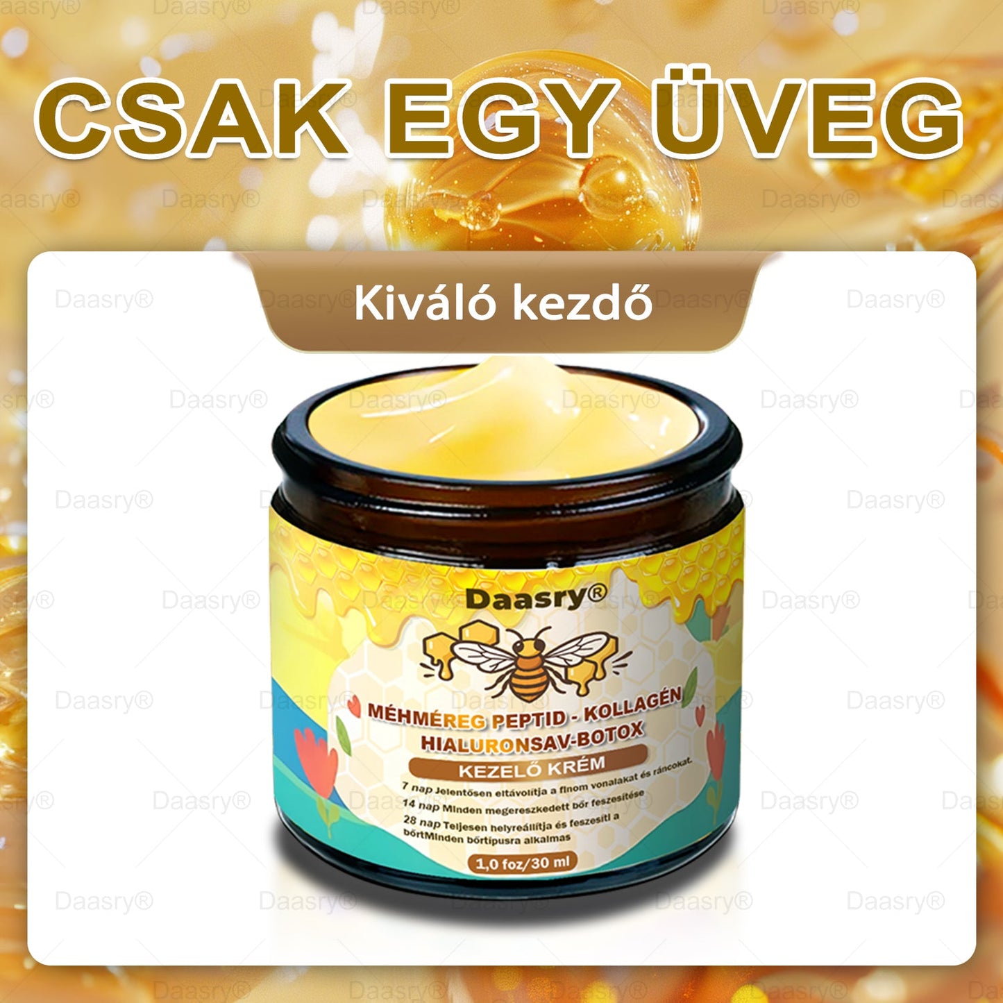 Daasry® Méhméreg Kezelő Krém, méhméreg peptidekkel, botulinum toxinnal, hialuronsavval és kollagénnel💧. Hatékonyan küzd a ráncok, finom vonalak, megereszkedés, terhességi csíkok és sötét foltok ellen — feszesítés, emelés és kiemelkedő eredmények!