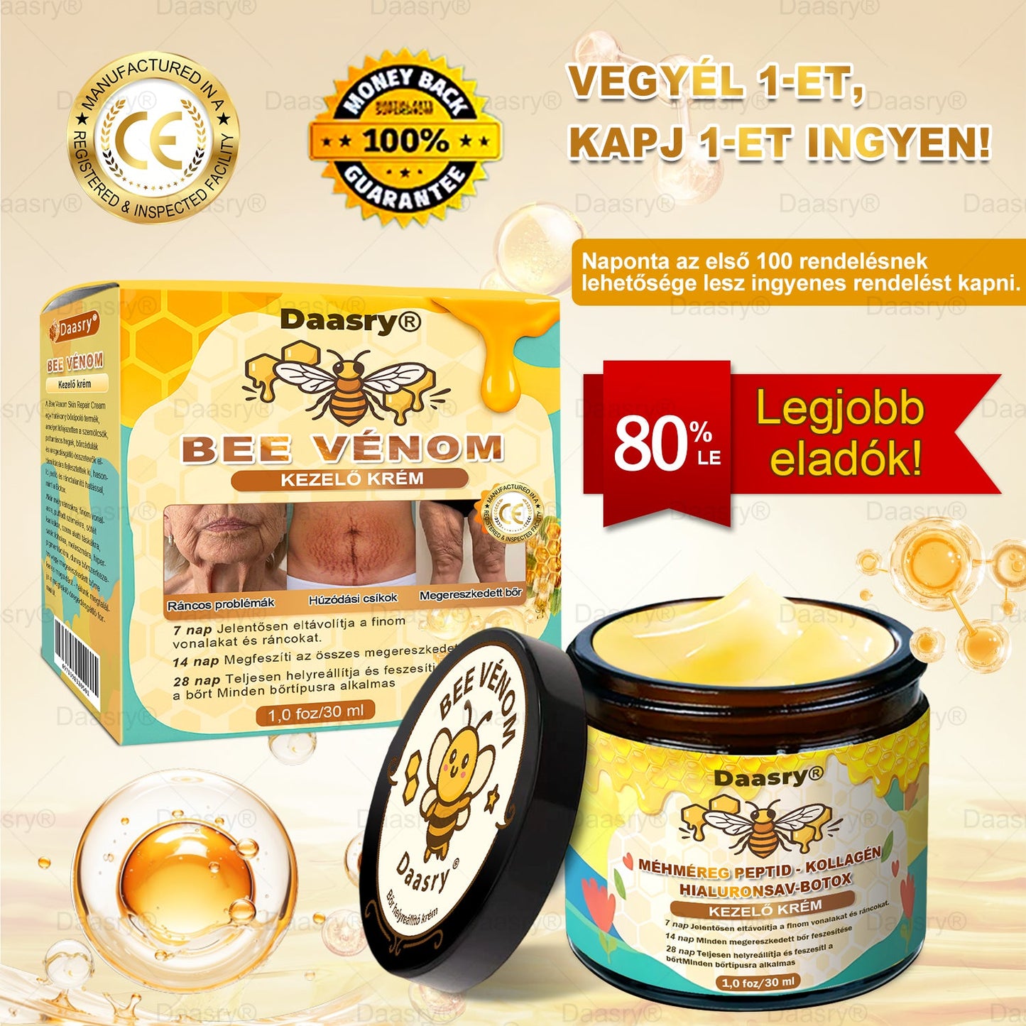 Daasry® Méhméreg Kezelő Krém, méhméreg peptidekkel, botulinum toxinnal, hialuronsavval és kollagénnel💧. Hatékonyan küzd a ráncok, finom vonalak, megereszkedés, terhességi csíkok és sötét foltok ellen — feszesítés, emelés és kiemelkedő eredmények!
